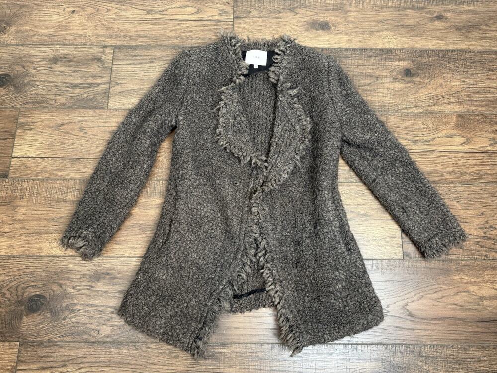 IRO Campbell Fuzzy Boucle Knit Mohair Open Front Fringe Cardigan Brown Size 38/M